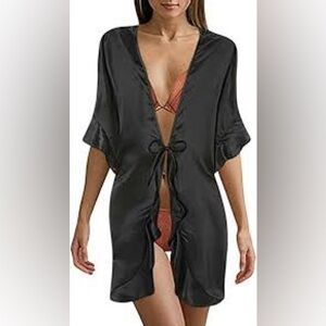Victoria’s Secret One Size Black Satin Kimono Tie Front Short Robe